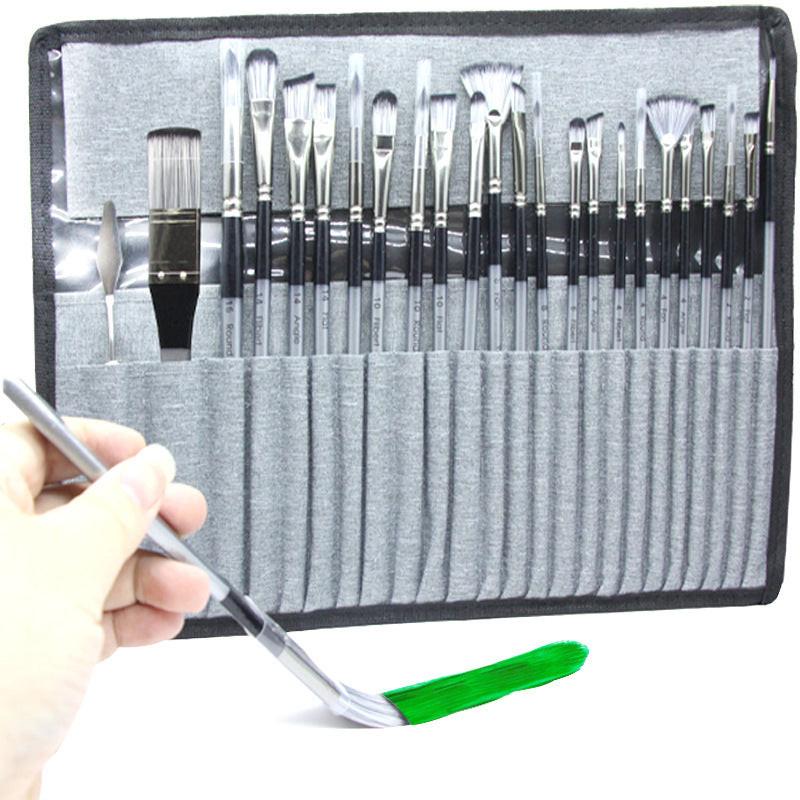 24pc Artist Paint Brush Set with Canvas Roll-Up Case - Nylon Hair Brushes for Acrylic Watercolor Oil Gouache Painting.