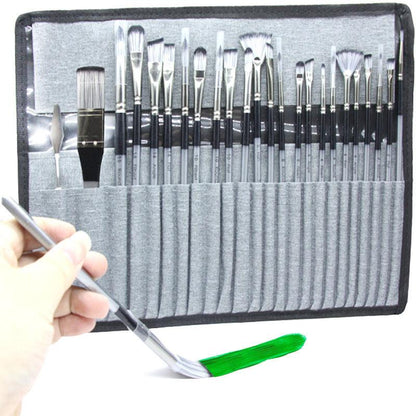 24pc Artist Paint Brush Set with Canvas Roll-Up Case - Nylon Hair Brushes for Acrylic Watercolor Oil Gouache Painting.