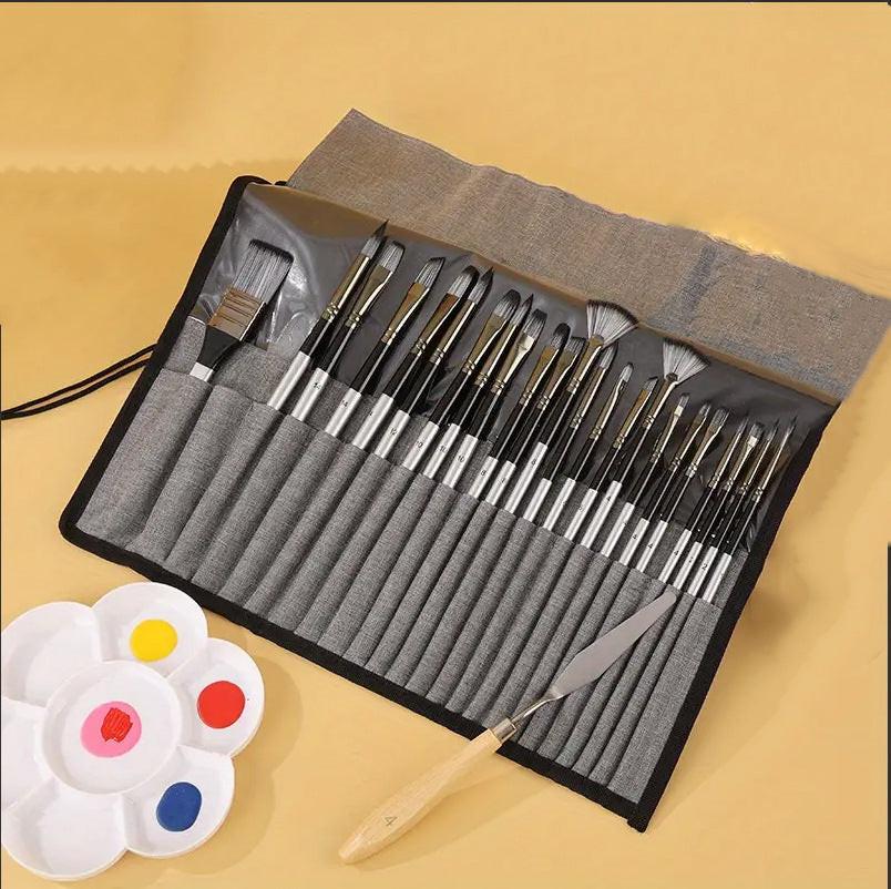 24pc Artist Paint Brush Set with Canvas Roll-Up Case - Nylon Hair Brushes for Acrylic Watercolor Oil Gouache Painting.