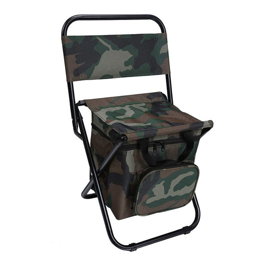 Foldable Camping Chair with Integrated 10L Insulated Cooler Bag - Camouflage color.