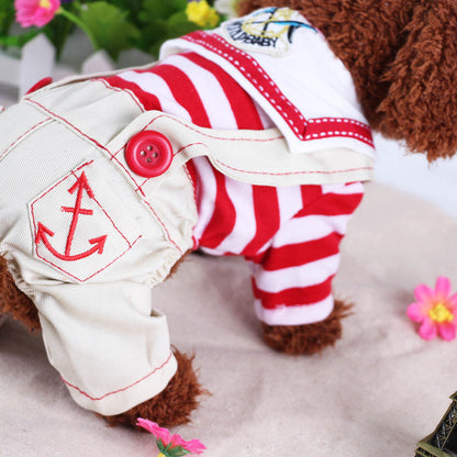 Red Cute Sailor Dog Outfit - Striped Shirt & Anchor Overalls for Small Dogs (Size : S )