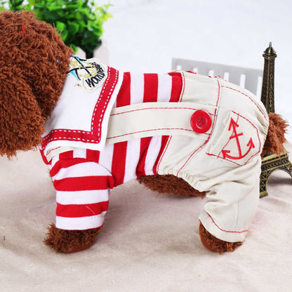 Red Cute Sailor Dog Outfit - Striped Shirt & Anchor Overalls for Small Dogs (Size : M )