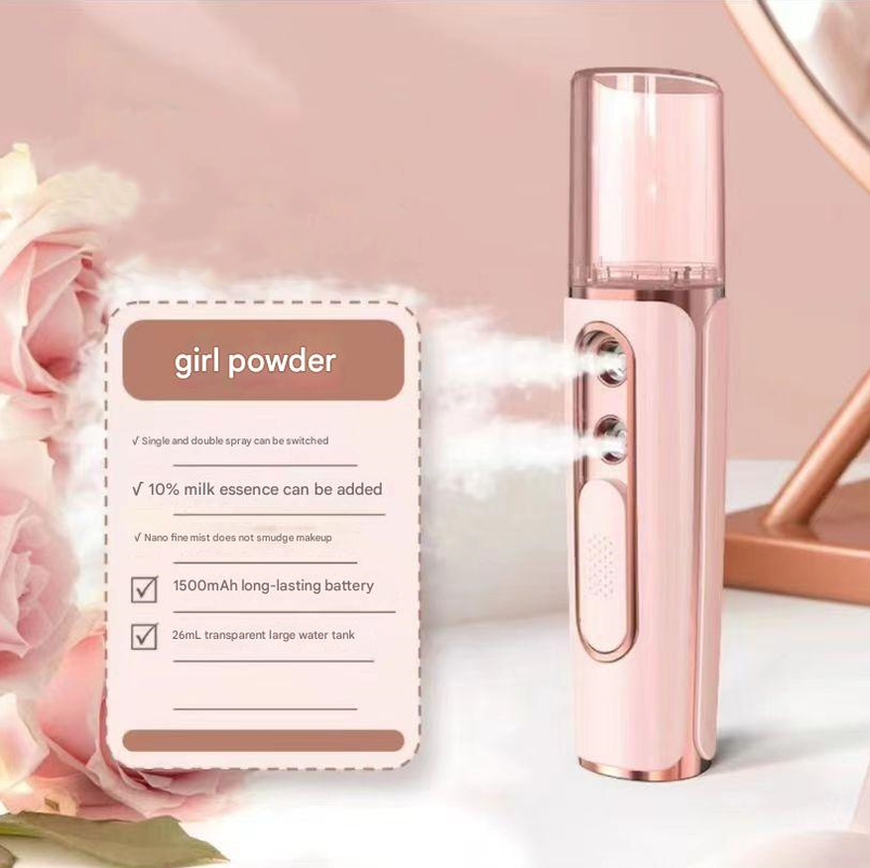Pink Dual Nozzle Nano Facial Mister - USB Rechargeable Hydrating Spray.