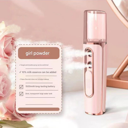 Pink Dual Nozzle Nano Facial Mister - USB Rechargeable Hydrating Spray.