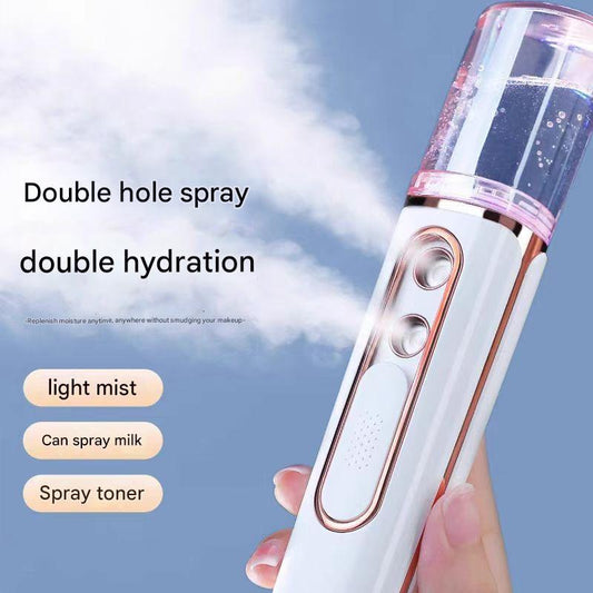 Purple Dual Nozzle Nano Facial Mister - USB Rechargeable Hydrating Spray.