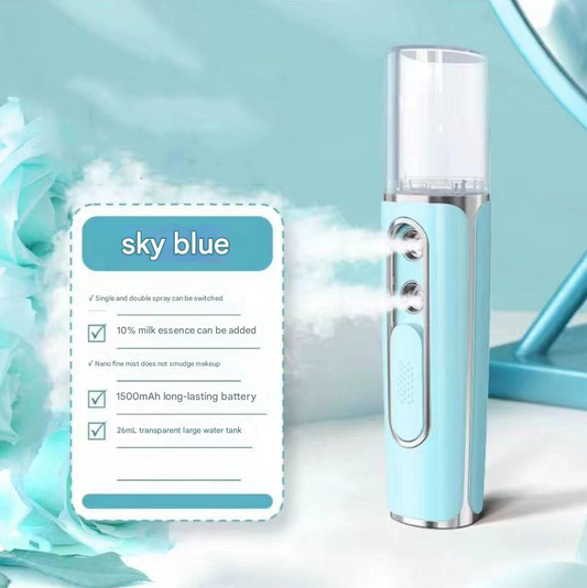 Blue Dual Nozzle Nano Facial Mister - USB Rechargeable Hydrating Spray.