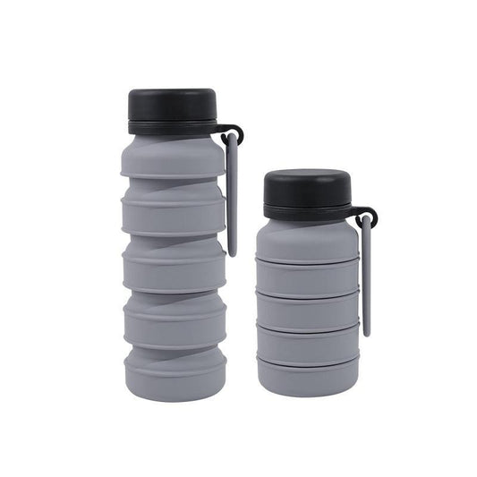 Grey and Black Collapsible Silicone Water Bottle - 510ml Portable Food-Grade Travel & Sports Drink Flask.