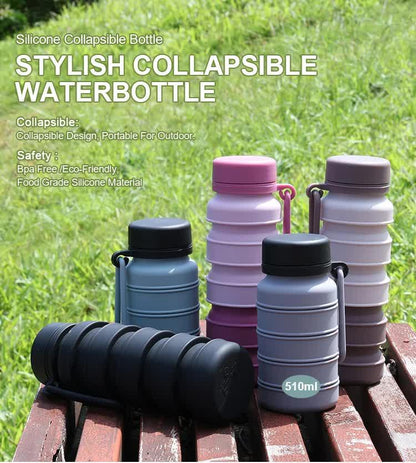 Blue and Black Collapsible Silicone Water Bottle - 510ml Portable Food-Grade Travel & Sports Drink Flask.