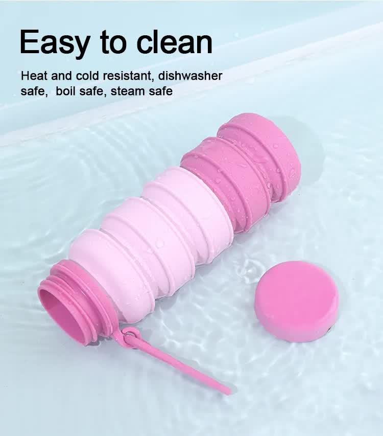 Pink Collapsible Silicone Water Bottle - 510ml Portable Food-Grade Travel & Sports Drink Flask.