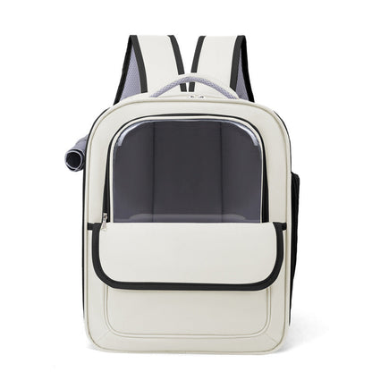 Beige And Black Spacious Pet Carrier Backpack with Clear Window - Comfortable Travel Bag for Cats & Small Dogs