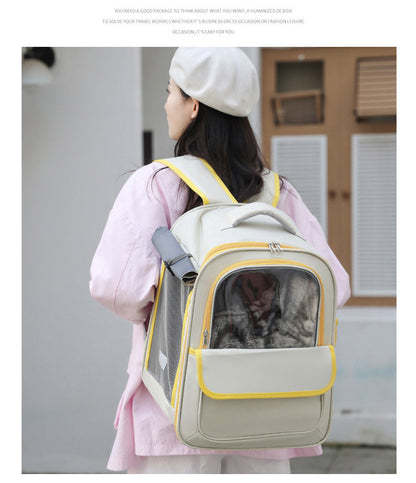 Beige And Black Spacious Pet Carrier Backpack with Clear Window - Comfortable Travel Bag for Cats & Small Dogs