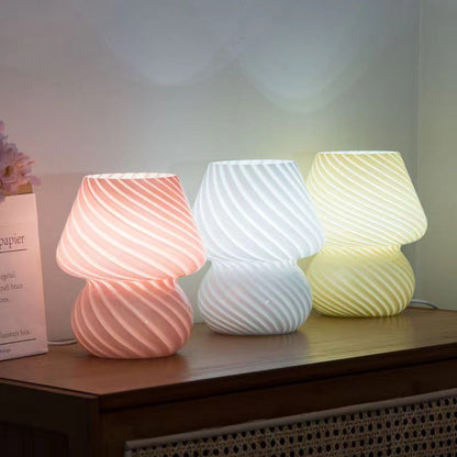 Yellow Retro Swirl Glass Mushroom Table Lamp - USB Powered 3-Level Dimmable Bedside Accent Light