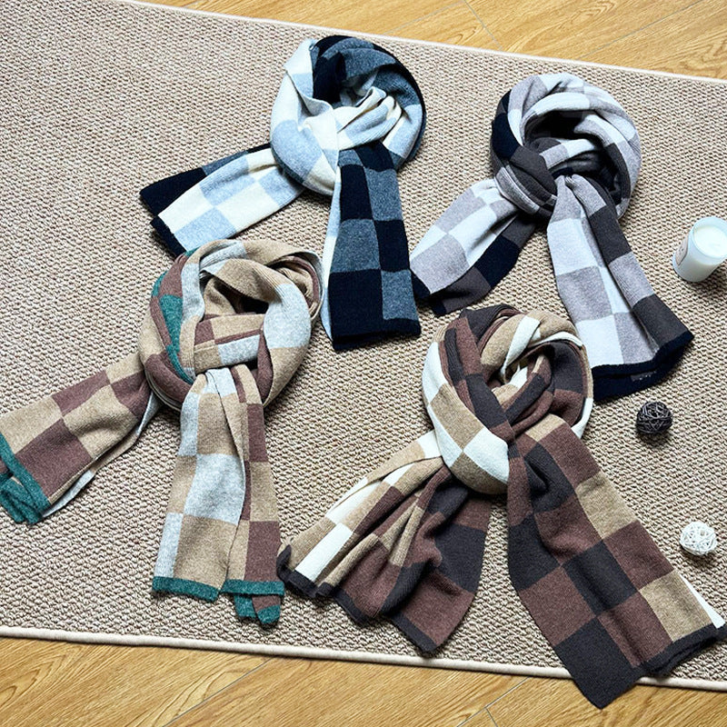 Black,Grey And Beige Unisex Retro Checkered Knit Scarf - Soft Thick Winter Shawl Wrap