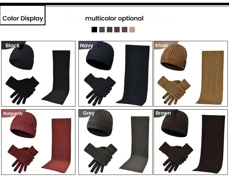Black Men's 3-Piece Winter Warm Ribbed Knit Beanie Hat Scarf and Gloves Set