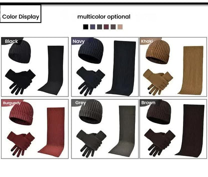 Black Men's 3-Piece Winter Warm Ribbed Knit Beanie Hat Scarf and Gloves Set