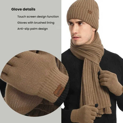 Black Men's 3-Piece Winter Warm Ribbed Knit Beanie Hat Scarf and Gloves Set