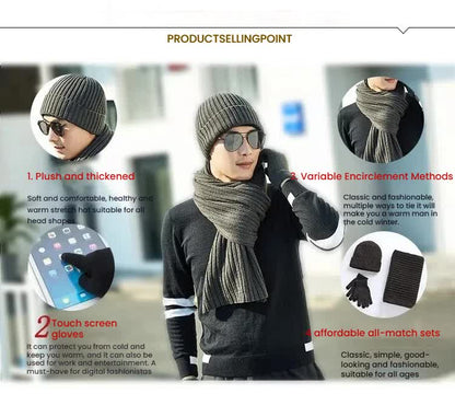 Black Men's 3-Piece Winter Warm Ribbed Knit Beanie Hat Scarf and Gloves Set