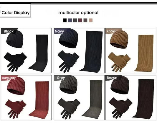 Navy Blue Men's 3-Piece Winter Warm Ribbed Knit Beanie Hat Scarf and Gloves Set