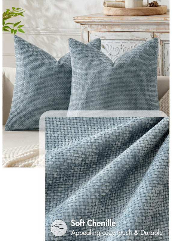 Pink Plush Chenille Cushion Covers Set of 2 - Soft Textured Decorative Throw Pillow Cases for Sofa Couch, 45x45cm