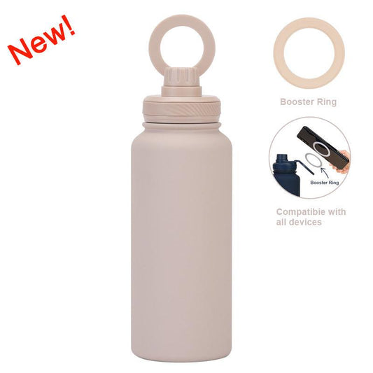 Beige 1L Stainless Steel Water Bottle with Magnetic Phone Holder Lid - Portable Hydration & Hands-Free Stand.