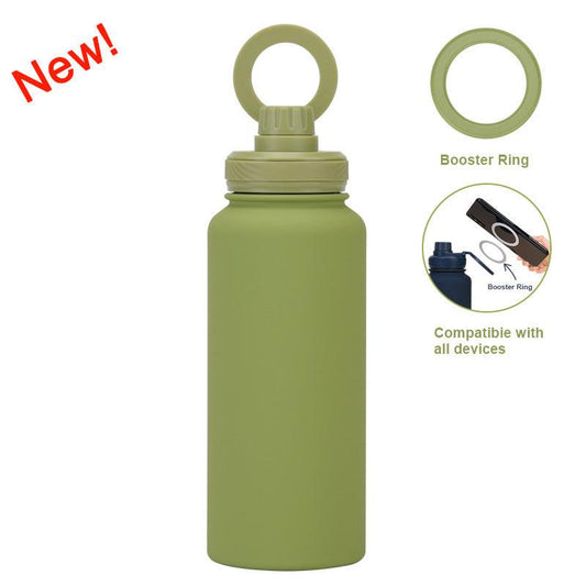 Matcha Green 1L Stainless Steel Water Bottle with Magnetic Phone Holder Lid - Portable Hydration & Hands-Free Stand.