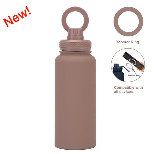Brown 1L Stainless Steel Water Bottle with Magnetic Phone Holder Lid - Portable Hydration & Hands-Free Stand.