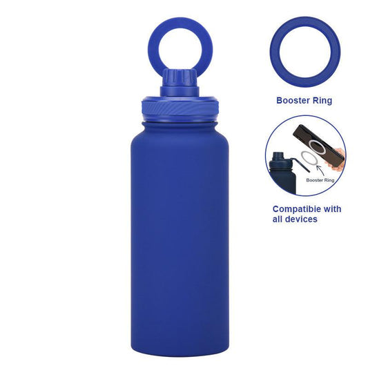 Bright Blue 1L Stainless Steel Water Bottle with Magnetic Phone Holder Lid - Portable Hydration & Hands-Free Stand.