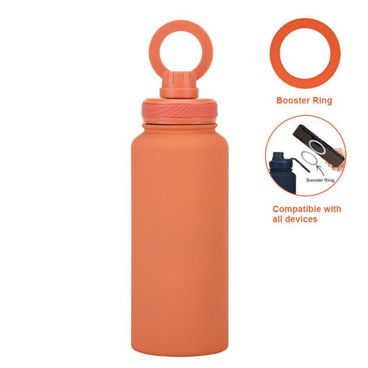 Orange 1L Stainless Steel Water Bottle with Magnetic Phone Holder Lid - Portable Hydration & Hands-Free Stand.