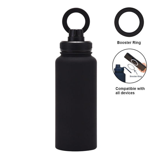 Black 1L Stainless Steel Water Bottle with Magnetic Phone Holder Lid - Portable Hydration & Hands-Free Stand.