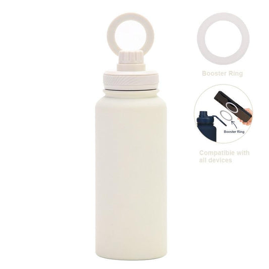 White 1L Stainless Steel Water Bottle with Magnetic Phone Holder Lid - Portable Hydration & Hands-Free Stand.