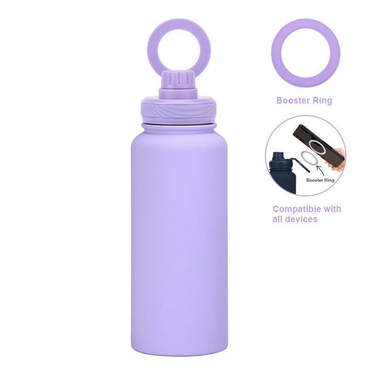 Purple 1L Stainless Steel Water Bottle with Magnetic Phone Holder Lid - Portable Hydration & Hands-Free Stand.