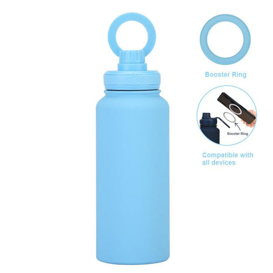 Light Blue 1L Stainless Steel Water Bottle with Magnetic Phone Holder Lid - Portable Hydration & Hands-Free Stand.