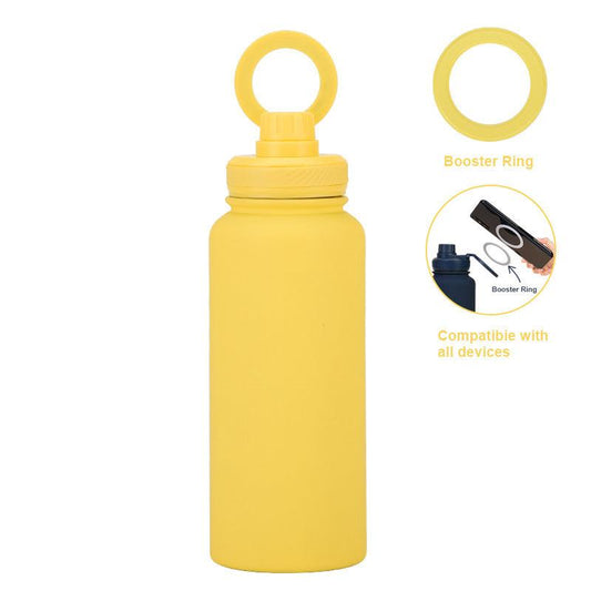 Yellow 1L Stainless Steel Water Bottle with Magnetic Phone Holder Lid - Portable Hydration & Hands-Free Stand.
