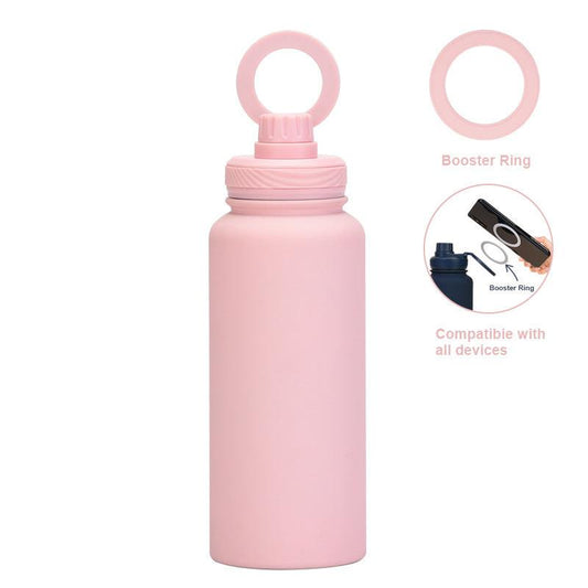 Light Pink 1L Stainless Steel Water Bottle with Magnetic Phone Holder Lid - Portable Hydration & Hands-Free Stand.