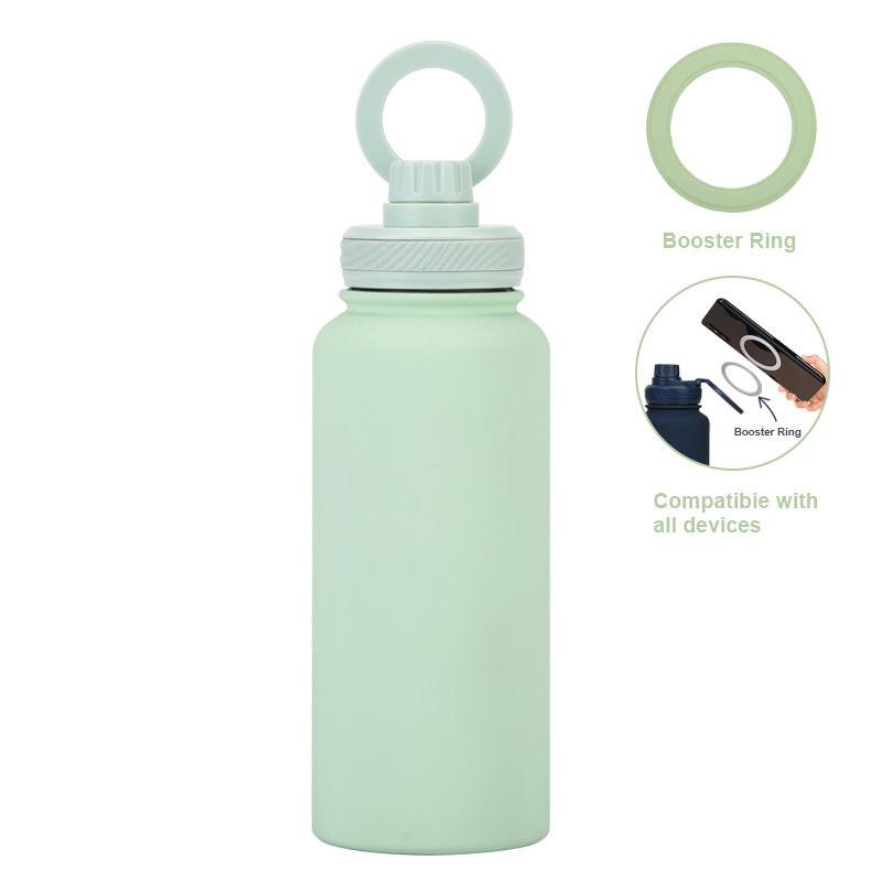 Light Green 1L Stainless Steel Water Bottle with Magnetic Phone Holder Lid - Portable Hydration & Hands-Free Stand.