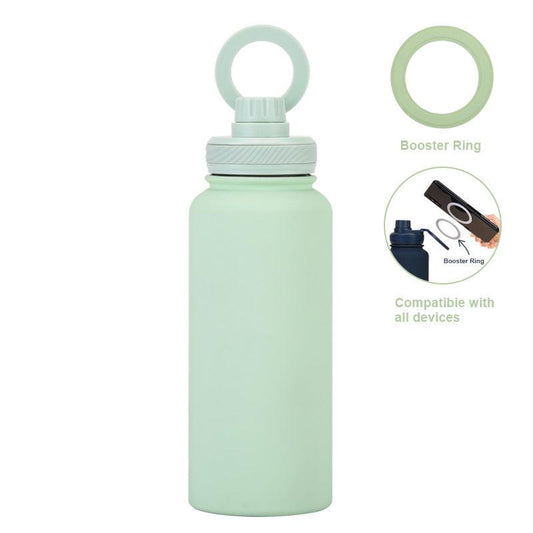 Light Green 1L Stainless Steel Water Bottle with Magnetic Phone Holder Lid - Portable Hydration & Hands-Free Stand.