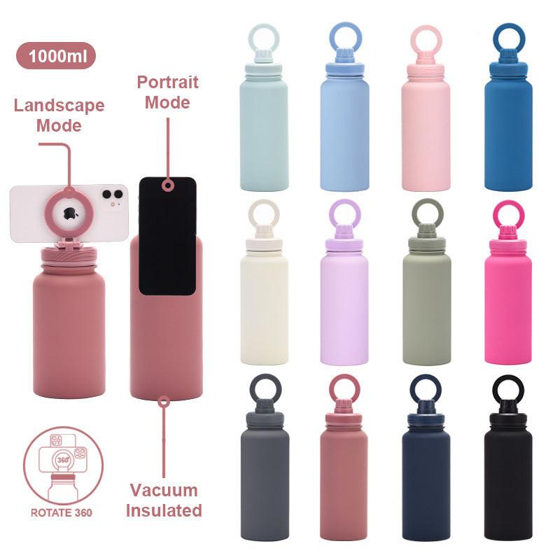 Light Green 1L Stainless Steel Water Bottle with Magnetic Phone Holder Lid - Portable Hydration & Hands-Free Stand.