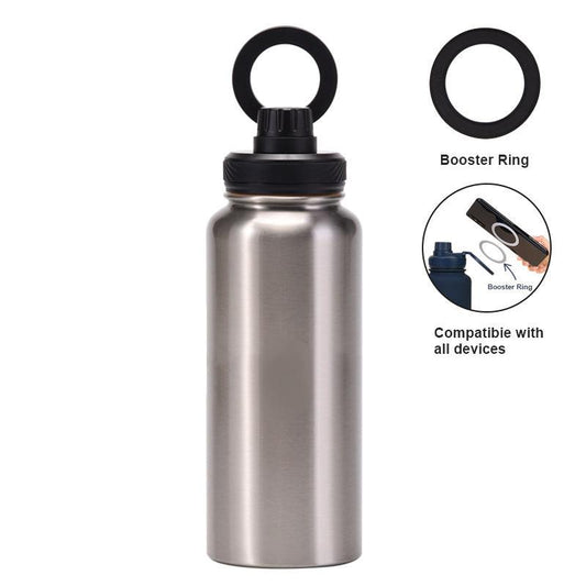 Silver and Black 1L Stainless Steel Water Bottle with Magnetic Phone Holder Lid - Portable Hydration & Hands-Free Stand.