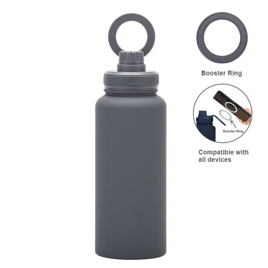 Grey 1L Stainless Steel Water Bottle with Magnetic Phone Holder Lid - Portable Hydration & Hands-Free Stand.