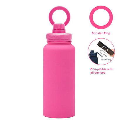 Rose Red 1L Stainless Steel Water Bottle with Magnetic Phone Holder Lid - Portable Hydration & Hands-Free Stand.