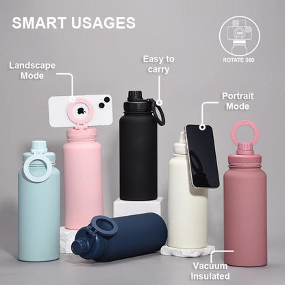 Rose Red 1L Stainless Steel Water Bottle with Magnetic Phone Holder Lid - Portable Hydration & Hands-Free Stand.