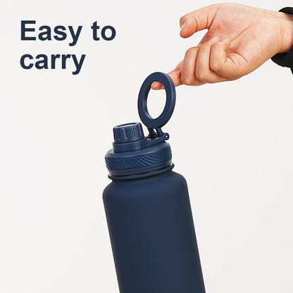 Rose Red 1L Stainless Steel Water Bottle with Magnetic Phone Holder Lid - Portable Hydration & Hands-Free Stand.