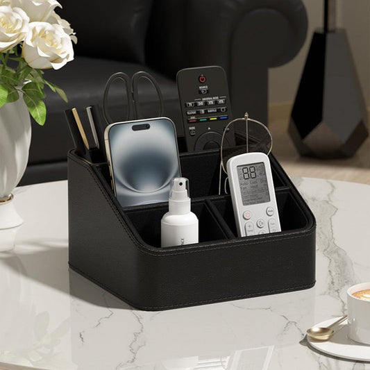 Black Stylish PU Leather Desktop Organizer Caddy - Multi-Compartment Holder for Remotes, Office Supplies, Makeup.