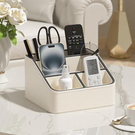 White and Black Stylish PU Leather Desktop Organizer Caddy - Multi-Compartment Holder for Remotes, Office Supplies, Makeup.