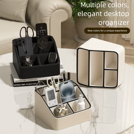 White and Black Stylish PU Leather Desktop Organizer Caddy - Multi-Compartment Holder for Remotes, Office Supplies, Makeup.