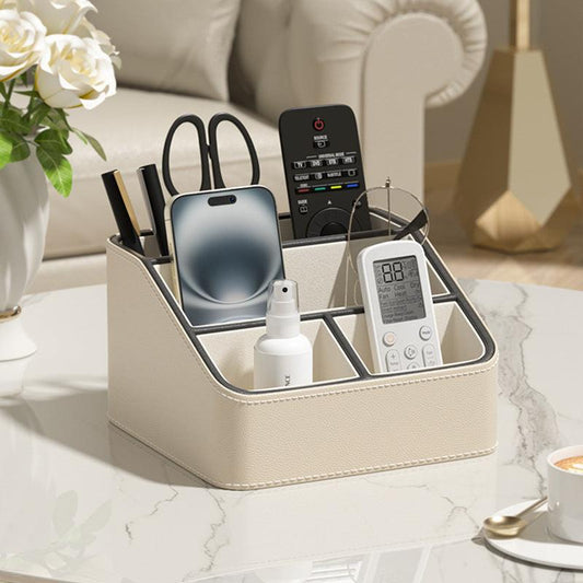 Beige and Black Stylish PU Leather Desktop Organizer Caddy - Multi-Compartment Holder for Remotes, Office Supplies, Makeup.