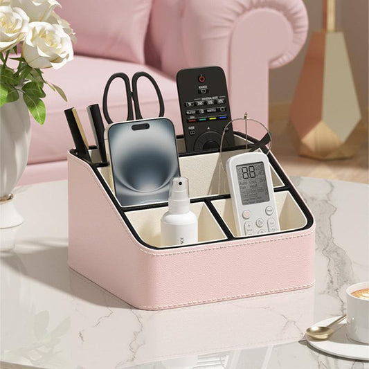 Pink and Black Stylish PU Leather Desktop Organizer Caddy - Multi-Compartment Holder for Remotes, Office Supplies, Makeup.