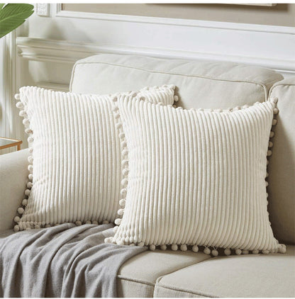 Navy Blue Soft Corduroy Cushion Covers with Pom Pom Trim - Set of 2 Decorative Throw Pillow Cases for Sofa Couch Bed, 45x45cm