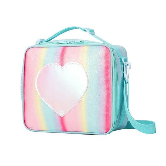 Blue Sparkling Rainbow Heart Insulated Lunch Bag for Kids - Portable School Lunch Box with Shoulder Strap.