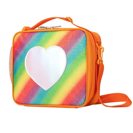 Orange Sparkling Rainbow Heart Insulated Lunch Bag for Kids - Portable School Lunch Box with Shoulder Strap.